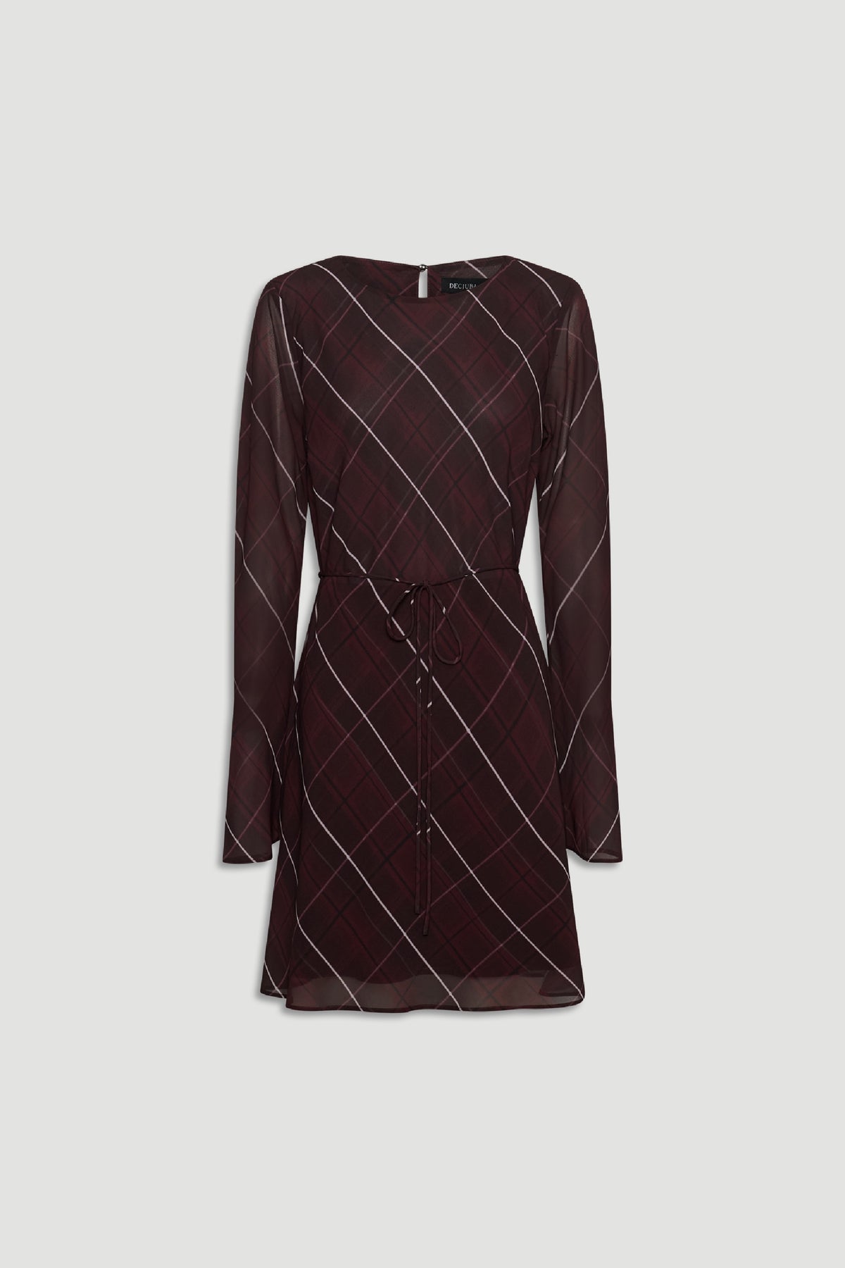 Long-sleeve dark check print dress with a cinched waist and subtle diagonal pattern on lightweight fabric.