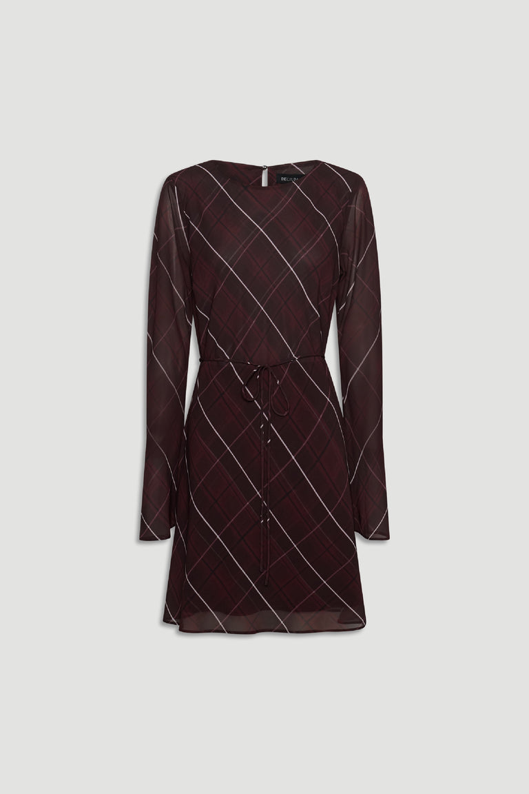 Long-sleeve dark check print dress with a cinched waist and subtle diagonal pattern on lightweight fabric.