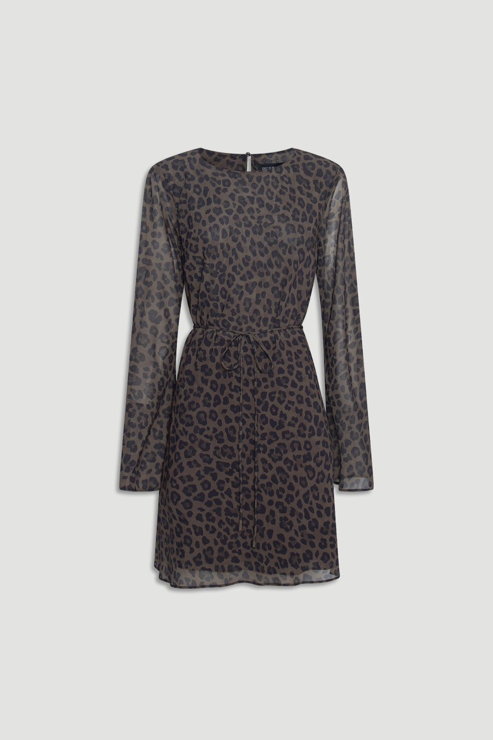 Chelsea Georgette Mini Dress in muted khaki with subtle leopard print, sheer long sleeves, and a waist tie detail by DECJUBA
