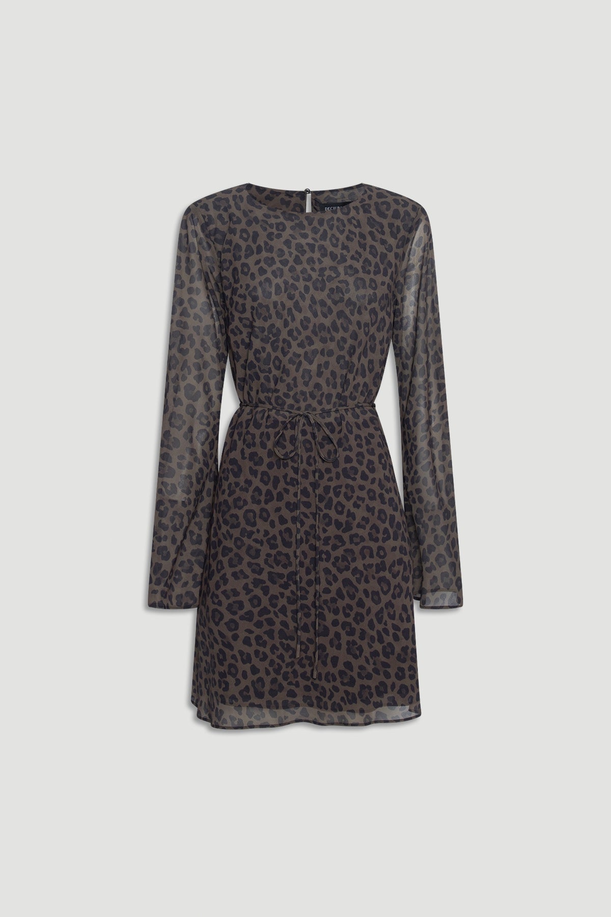 Chelsea Georgette Mini Dress in muted khaki with subtle leopard print, sheer long sleeves, and a waist tie detail by DECJUBA