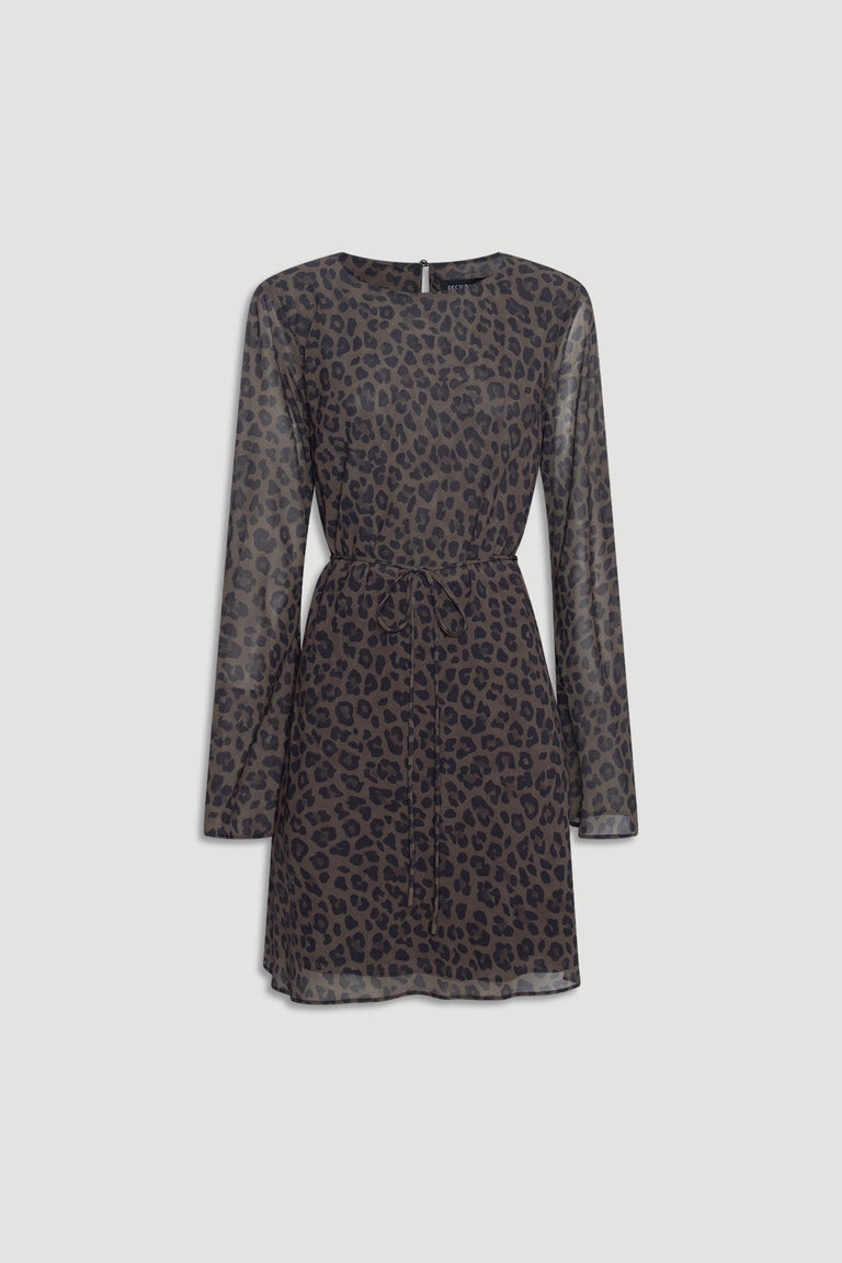 Chelsea Georgette Mini Dress in muted khaki with subtle leopard print, sheer long sleeves, and a waist tie detail by DECJUBA