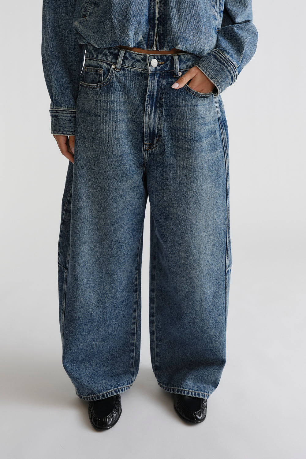 D-Luxe Barrel Jean in classic blue denim with a high waist and wide-leg silhouette by DECJUBA Australian fashion brand