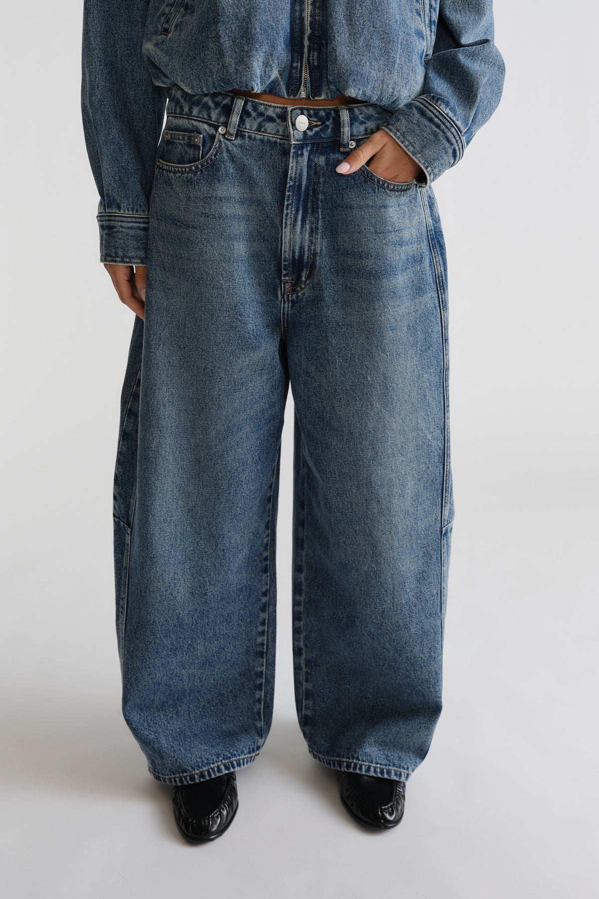 D-Luxe Barrel Jean in classic blue denim with a high waist and wide-leg silhouette by DECJUBA Australian fashion brand