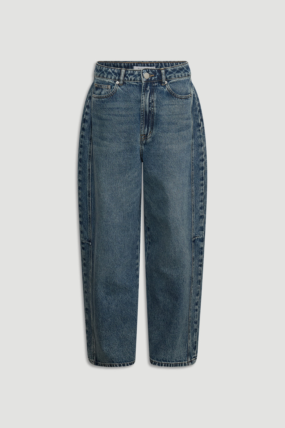 D-Luxe Barrel Jean in mid-blue denim with high waist and relaxed fit, designed by DECJUBA Australian fashion brand