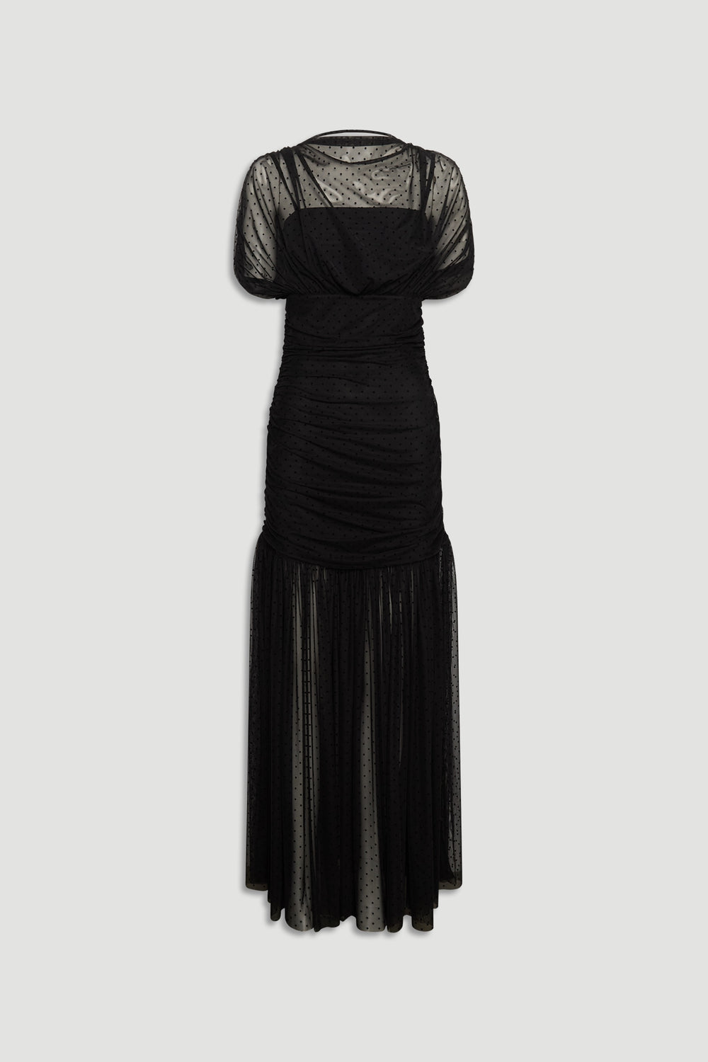 Black mesh maxi dress featuring ruched midsection, sheer puff sleeves, and a flowing dotted tulle skirt.