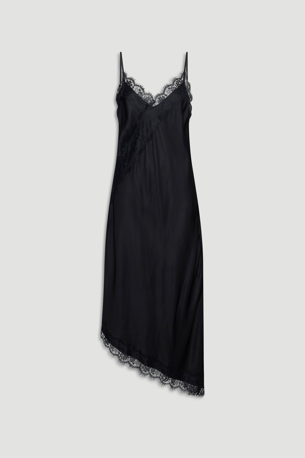 Karla Lace Midi Dress in black with delicate lace trim, asymmetrical hem, and slender adjustable straps by DECJUBA
