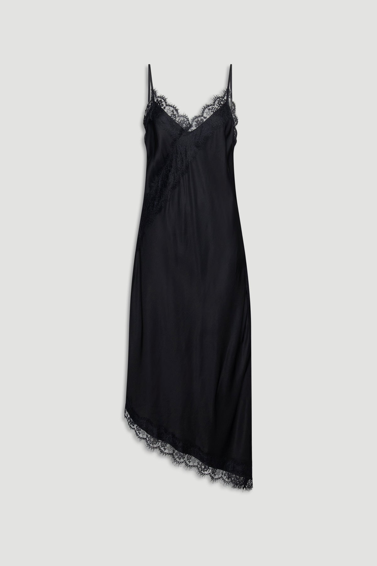 Karla Lace Midi Dress in black with delicate lace trim, asymmetrical hem, and slender adjustable straps by DECJUBA