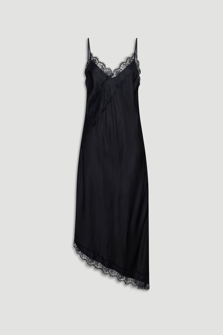 Karla Lace Midi Dress in black with delicate lace trim, asymmetrical hem, and slender adjustable straps by DECJUBA