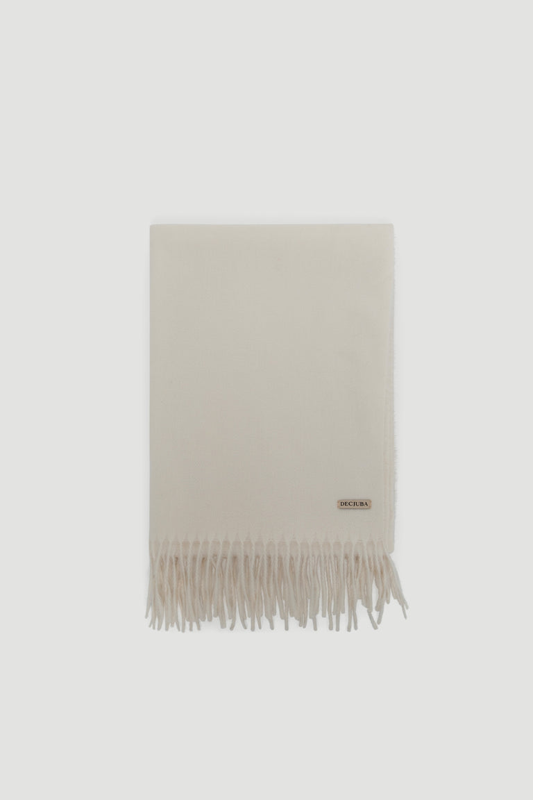 Cream-colored scarf with soft fringed edges and subtle brand logo for a timeless, elegant accessory.