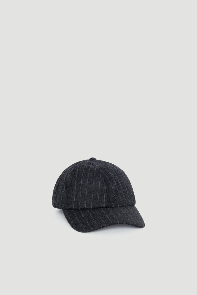 Taylor Stripe Baseball Cap in dark fabric with subtle pinstripe detailing for a refined casual look by DECJUBA