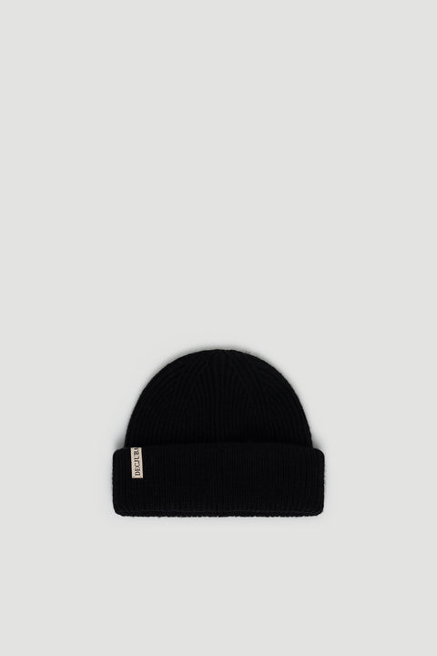 Black ribbed knit beanie with a folded cuff and subtle branded tag for everyday versatile style.