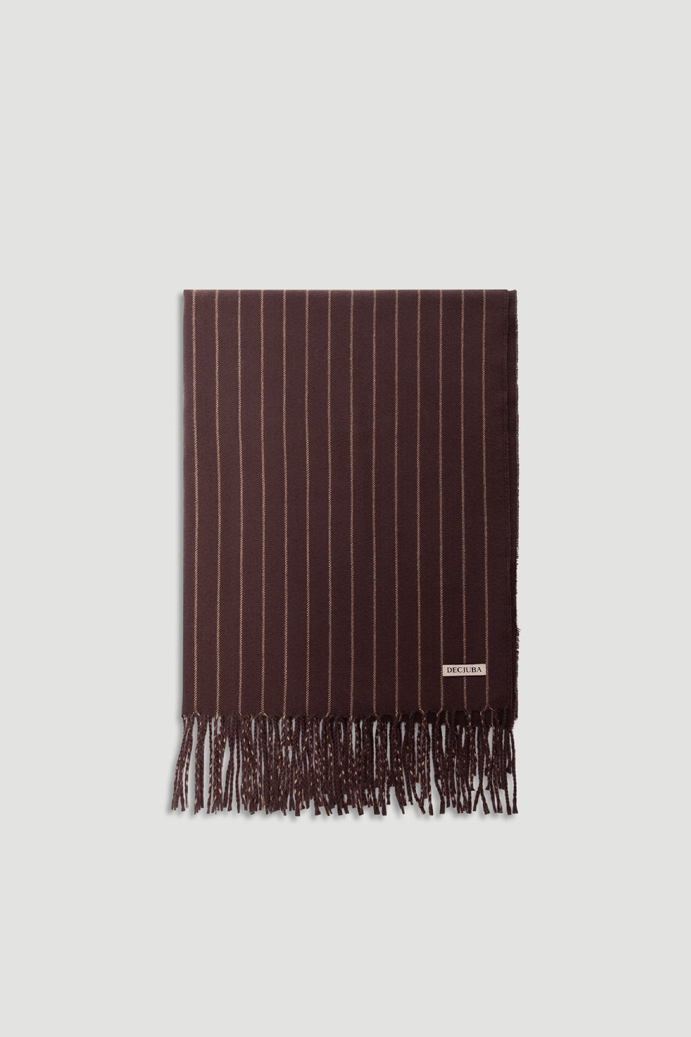 Gia Stripe Scarf in deep chocolate brown with subtle vertical stripes and fringed edges for a refined, versatile look