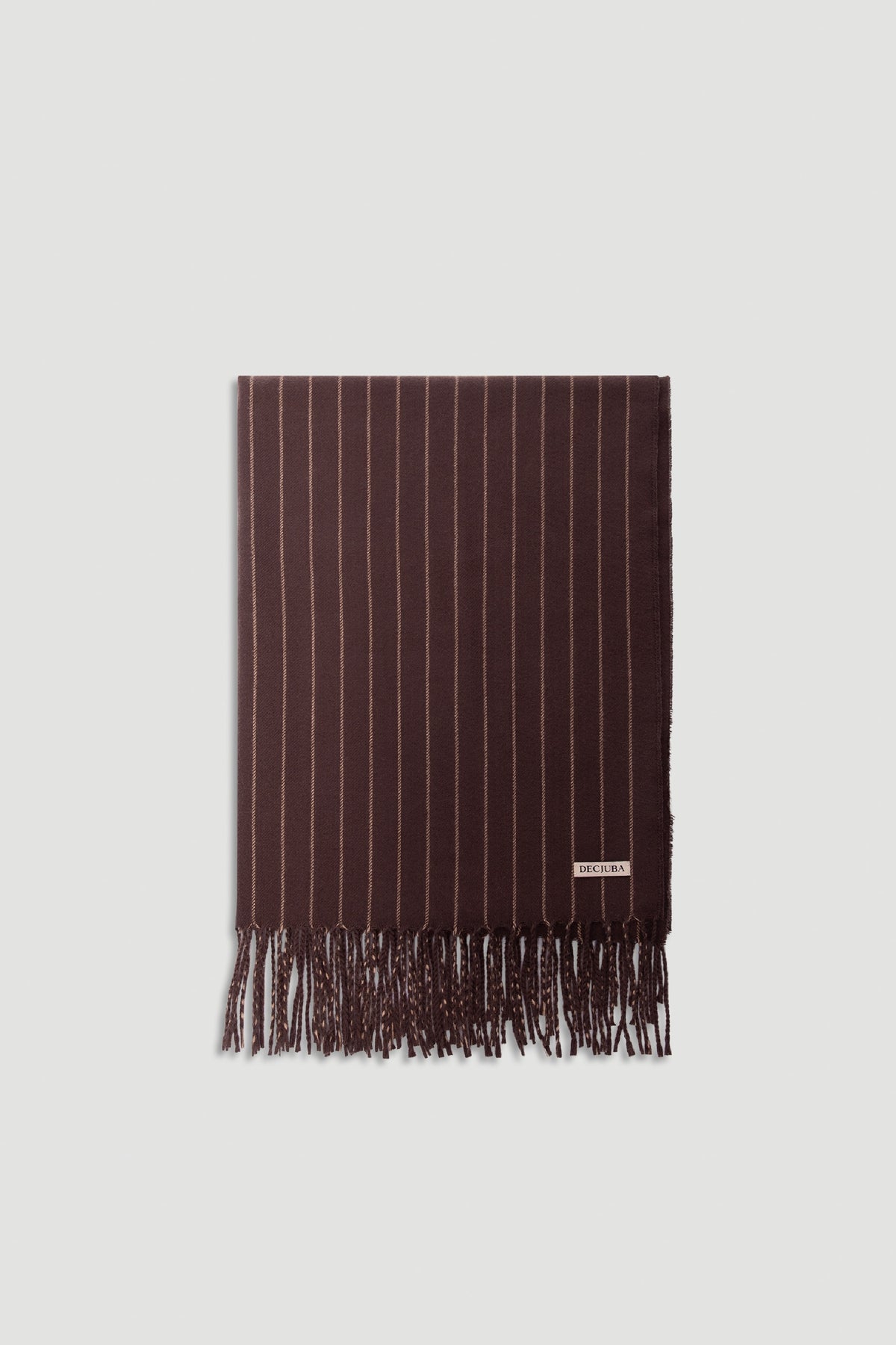 Gia Stripe Scarf in deep chocolate brown with subtle vertical stripes and fringed edges for a refined, versatile look