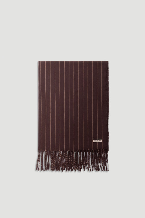 Gia Stripe Scarf in deep chocolate brown with subtle vertical stripes and fringed edges for a refined, versatile look