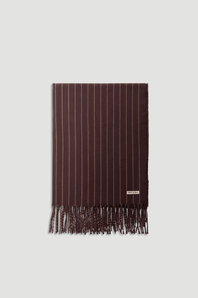 Gia Stripe Scarf in deep chocolate brown with subtle vertical stripes and fringed edges for a refined, versatile look