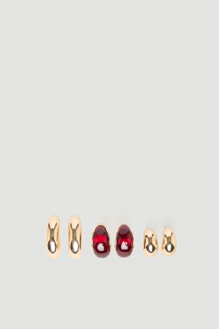 Mila 3 Pack Earrings featuring gold and deep red glossy hoop designs by DECJUBA Australian fashion brand