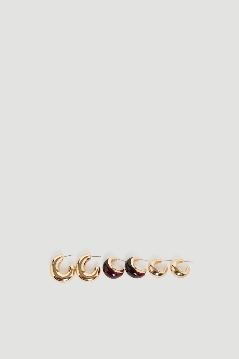 Mila 3 Pack Earrings showcasing polished gold and deep red hoop styles by DECJUBA Australian fashion brand