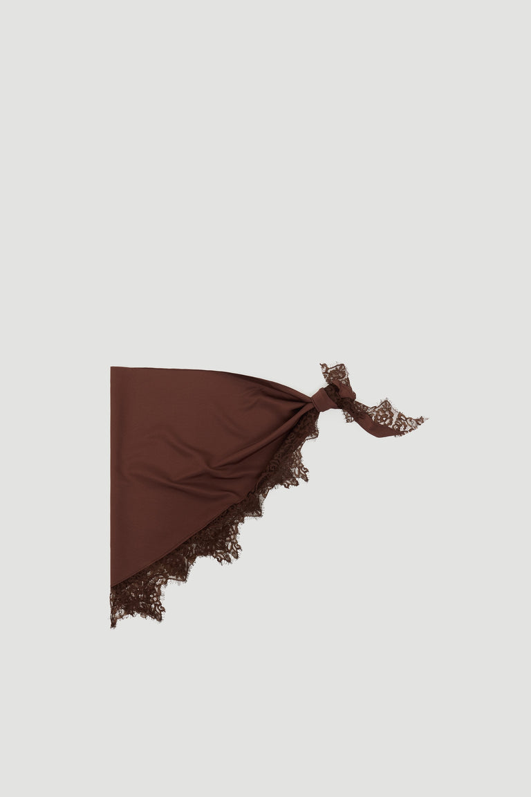 Brown Sienna Lace Scarf with delicate lace edges and a tied knot detail, from DECJUBA Australian fashion brand