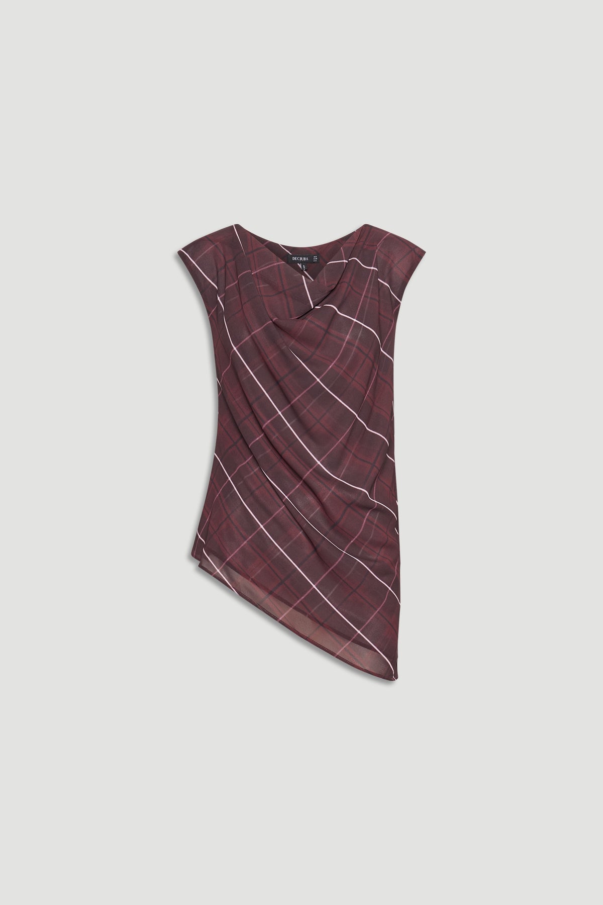 Faye Cowl Neck Top in deep burgundy plaid with draped detail and asymmetric hem by DECJUBA Australian fashion brand