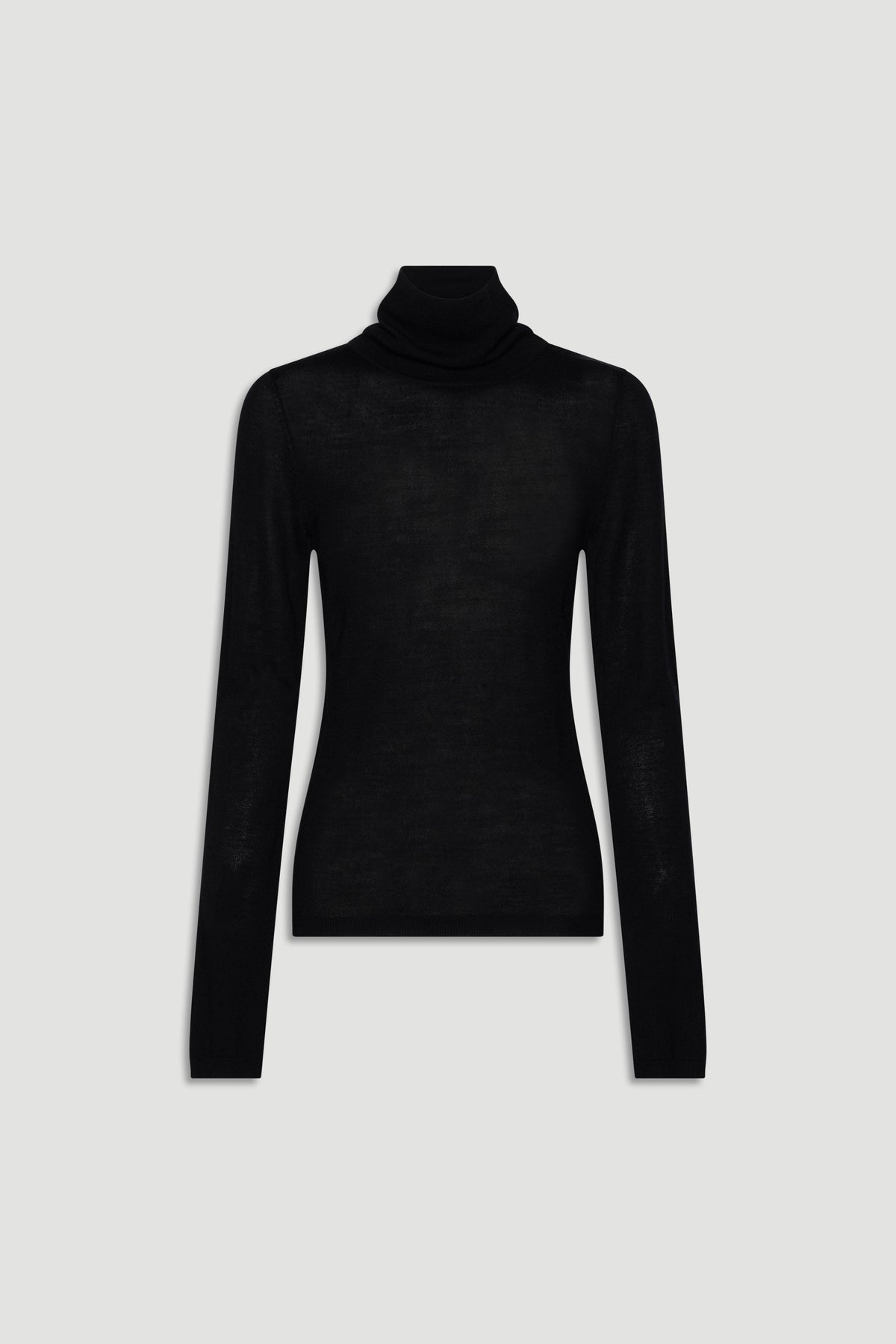 Black fine wool knit turtleneck with slim fit and long sleeves for a timeless, elegant layering piece.