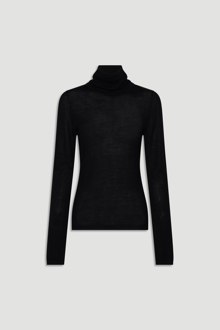 Black fine wool knit turtleneck with slim fit and long sleeves for a timeless, elegant layering piece.