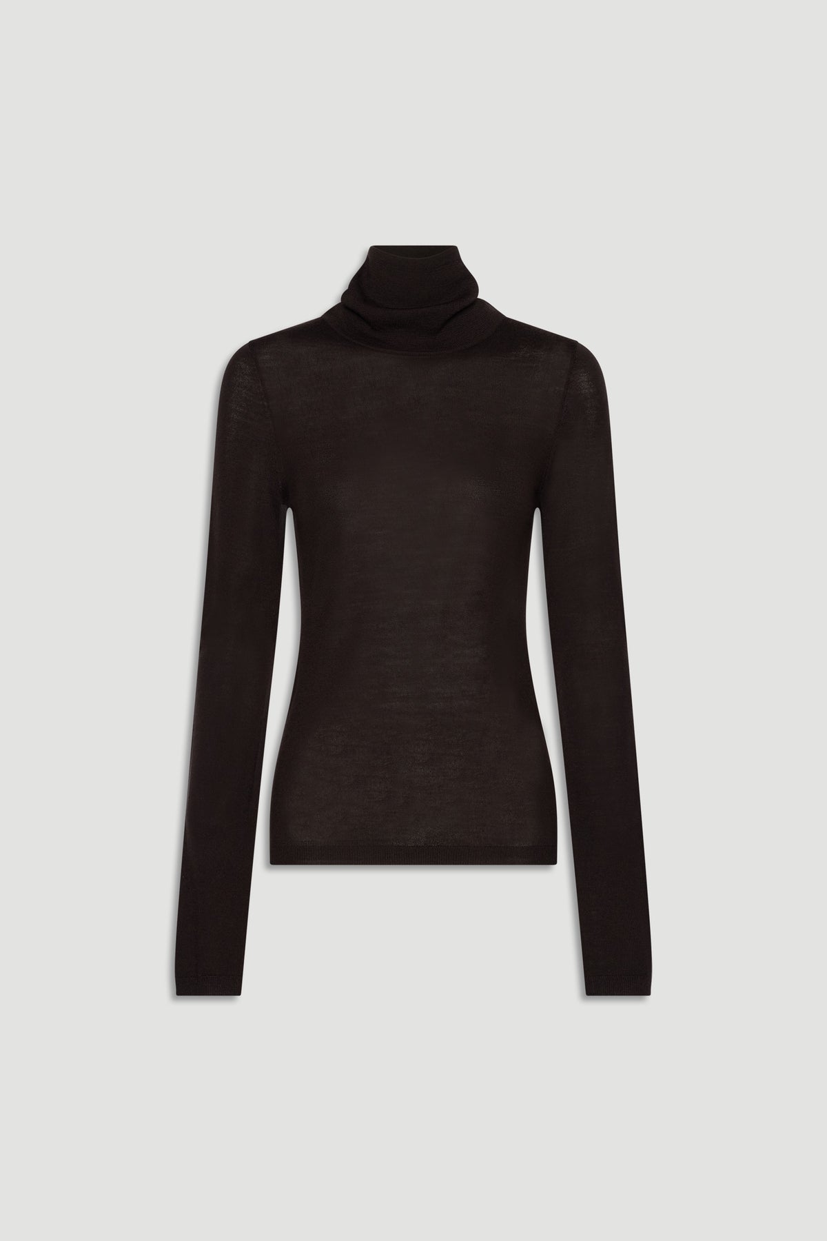 Slim-fit fine wool knit top in rich chocolate brown with a cozy turtleneck for effortless everyday layering.