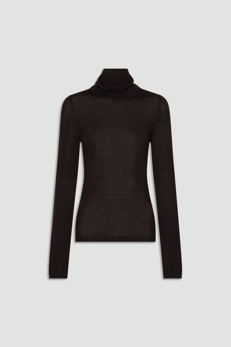 Slim-fit fine wool knit top in rich chocolate brown with a cozy turtleneck for effortless everyday layering.