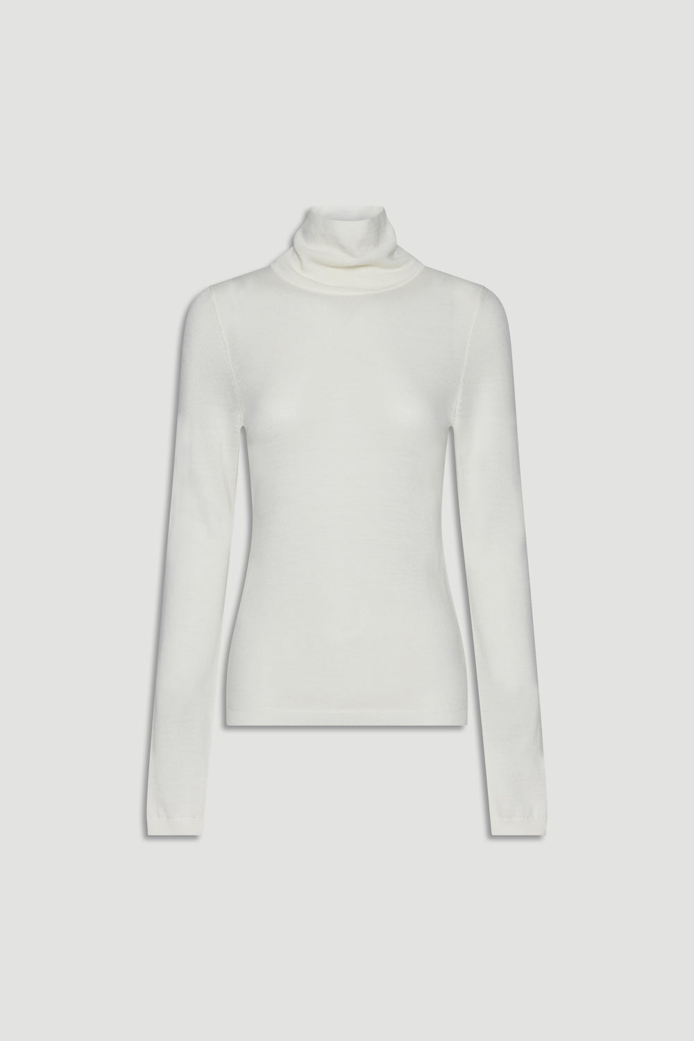 Soft ivory fine wool knit top with a slim fit and classic turtleneck for effortless everyday elegance