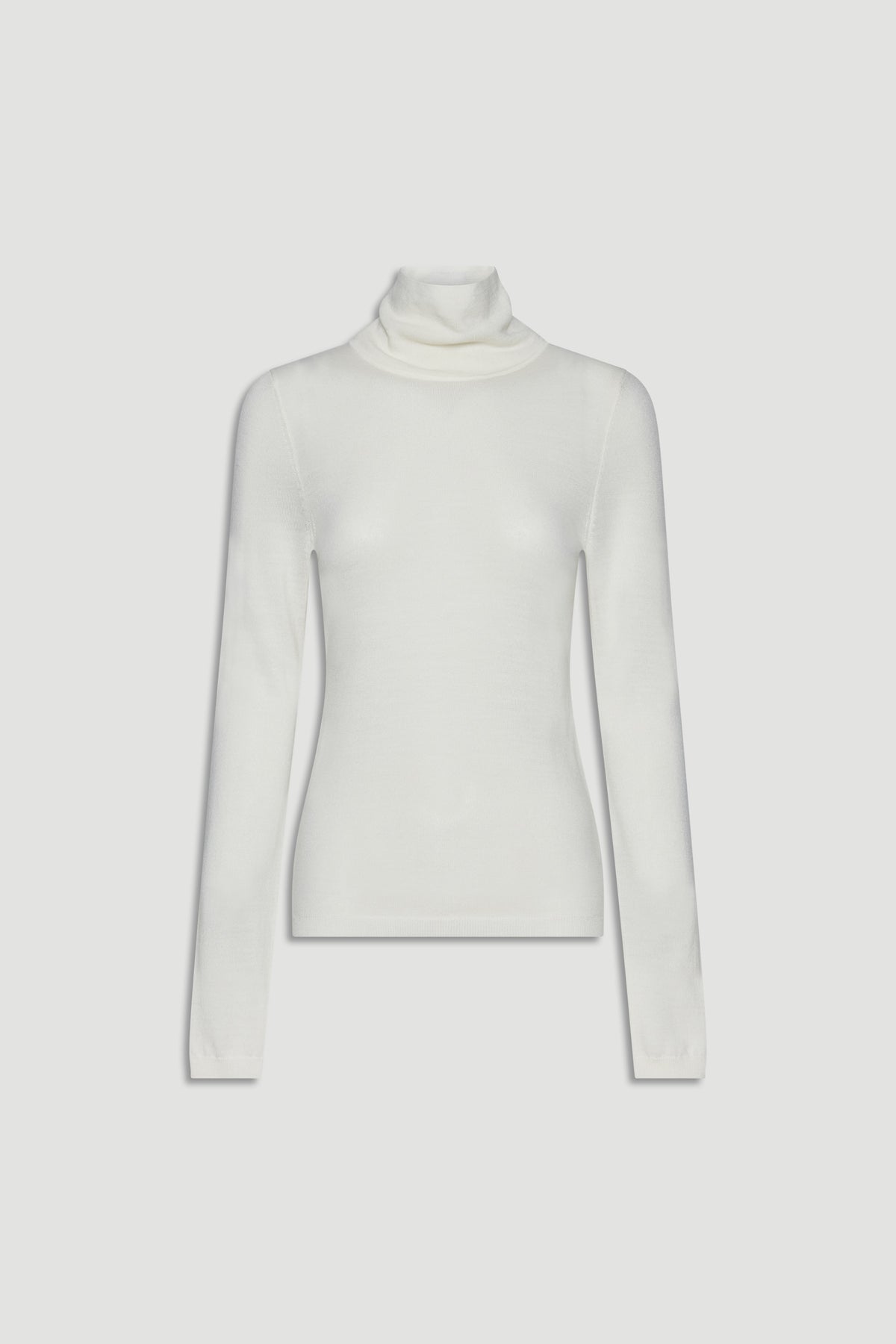 Soft ivory fine wool knit top with a slim fit and classic turtleneck for effortless everyday elegance