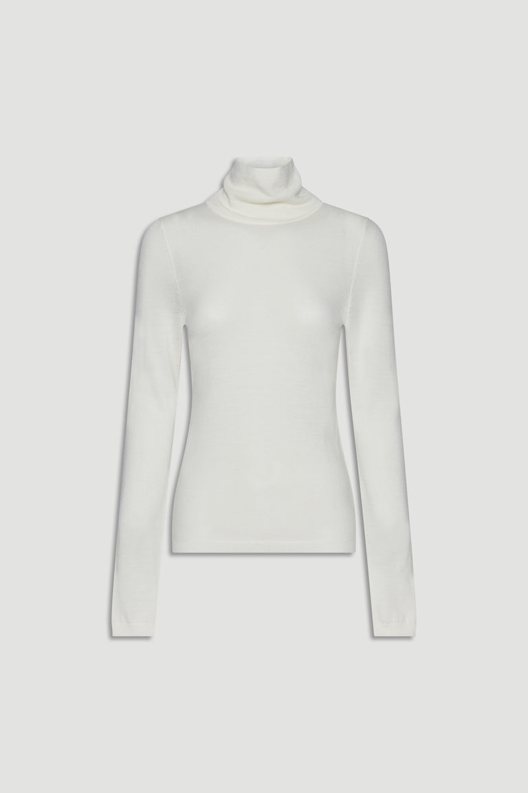 Soft ivory fine wool knit top with a slim fit and classic turtleneck for effortless everyday elegance