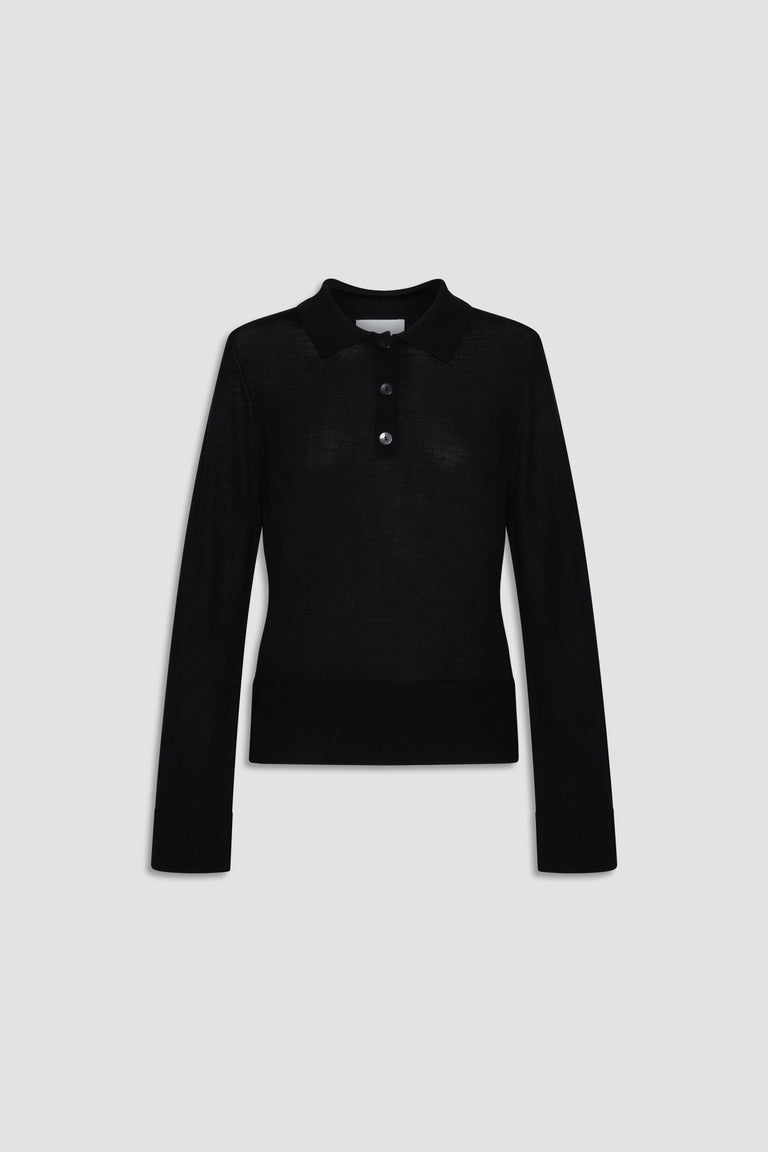 Black fine wool knit polo with a classic collar and button placket, designed for effortless everyday elegance.