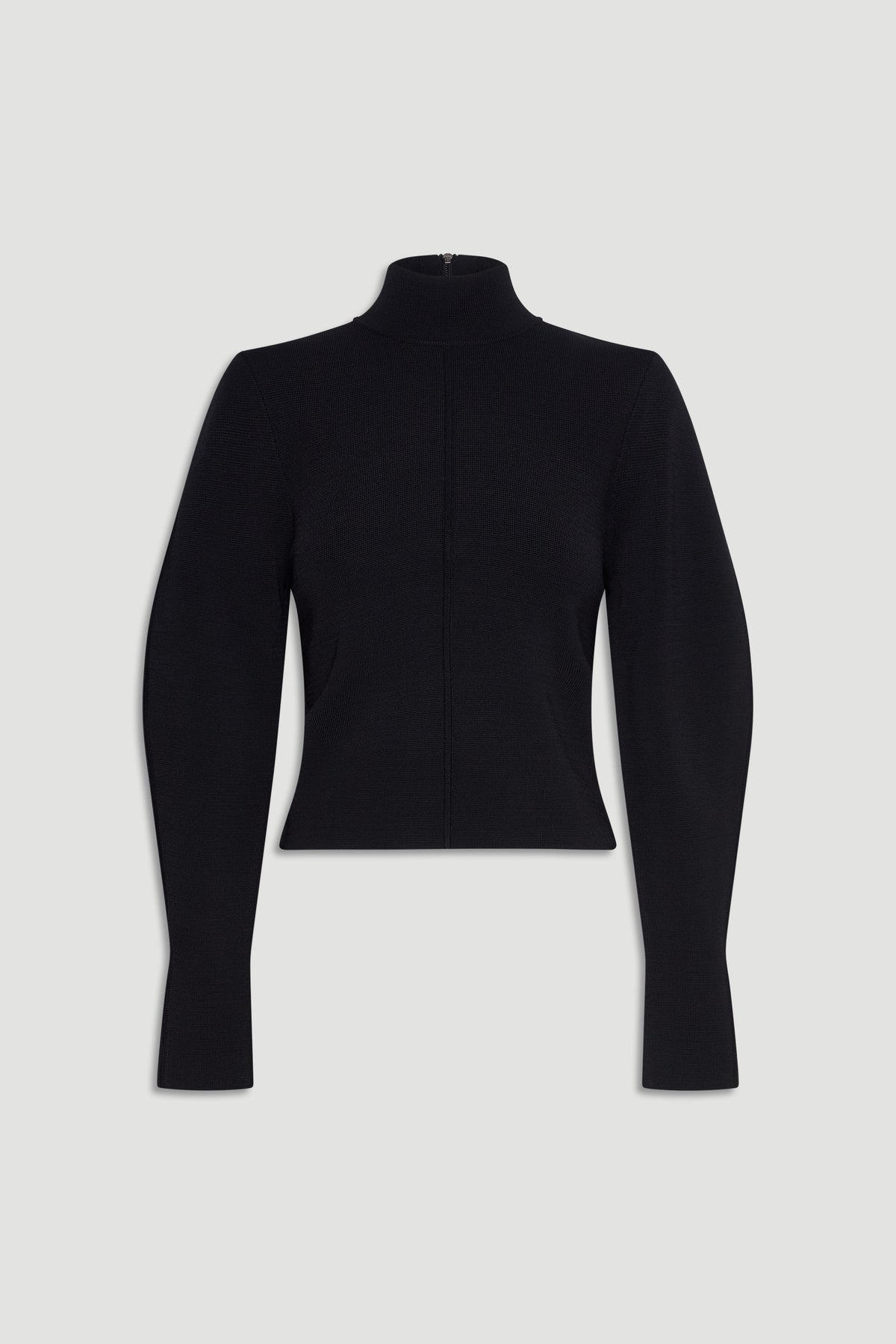 Black fitted high-neck jumper with long sleeves and a sleek, minimalist design for everyday layering.