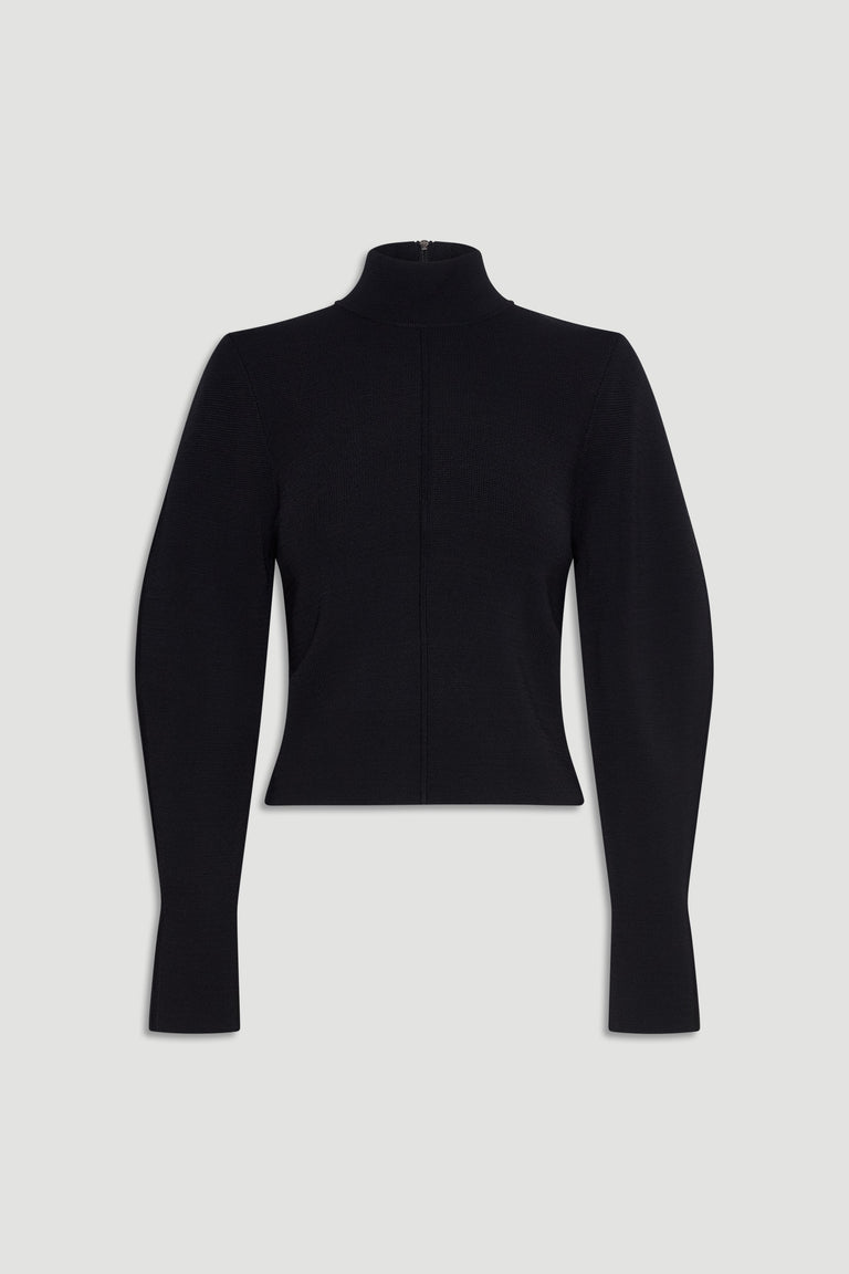 Black fitted high-neck jumper with long sleeves and a sleek, minimalist design for everyday layering.