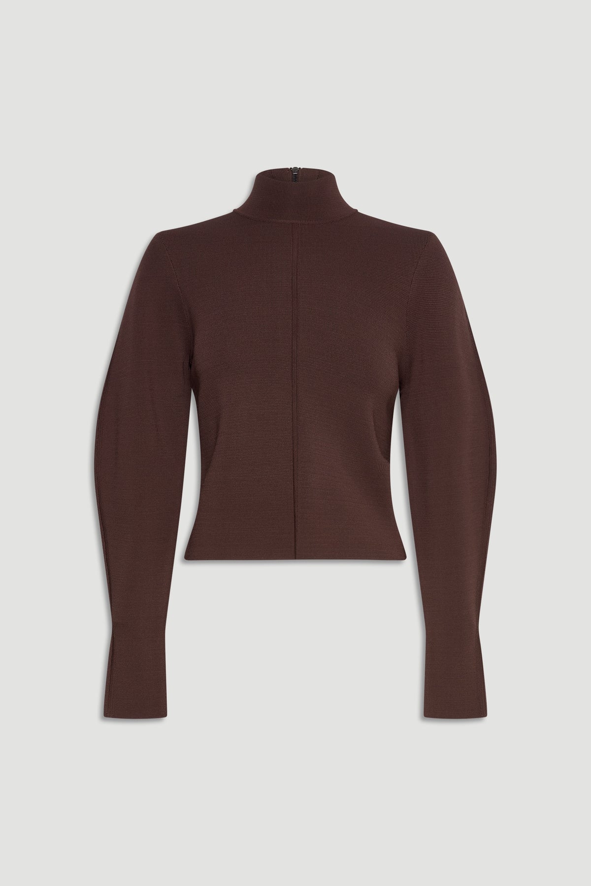 Rich mocha high neck jumper with long sleeves and a slim, structured fit for a polished layered look.
