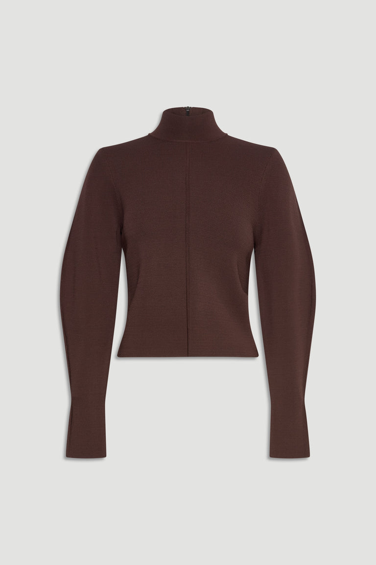 Rich mocha high neck jumper with long sleeves and a slim, structured fit for a polished layered look.