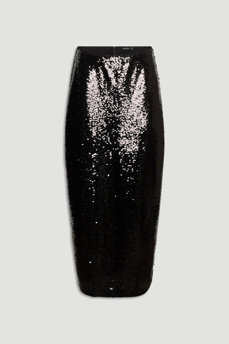 Black sequin maxi skirt with a sleek silhouette designed for elegant, sparkling evening wear.
