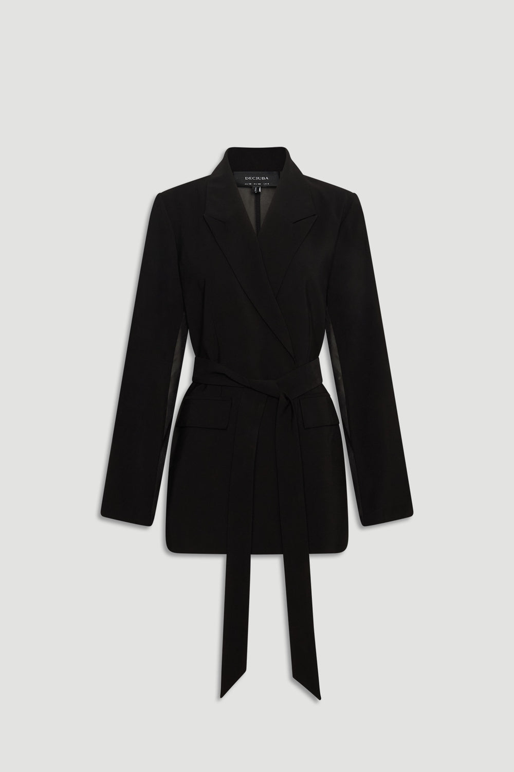 Black tailored blazer with a self-tie belt, notched lapels, and flap pockets for a sleek, modern look.