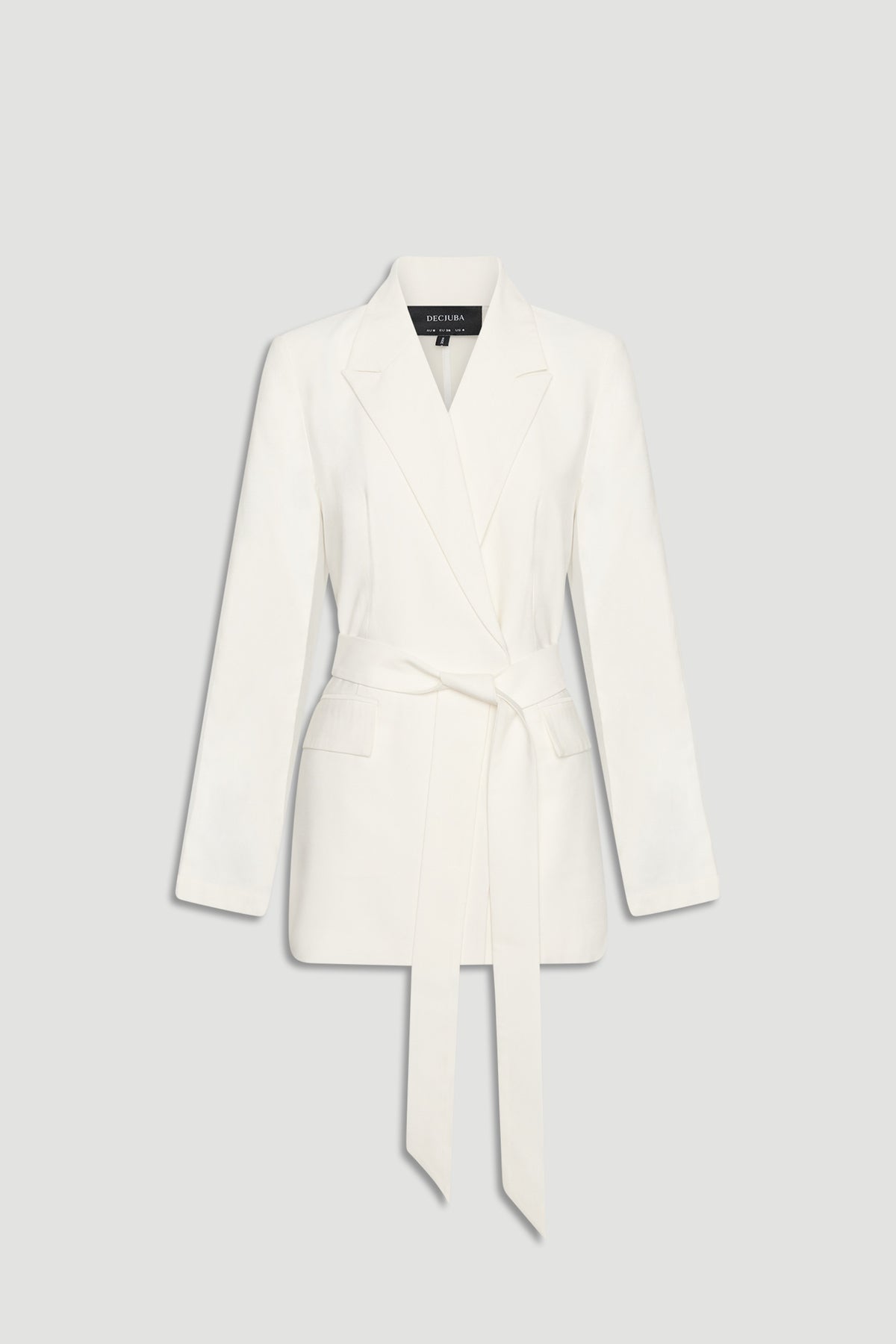 Ivory blazer with a tailored fit and long fabric belt, featuring a classic collar and flap pockets for a polished look