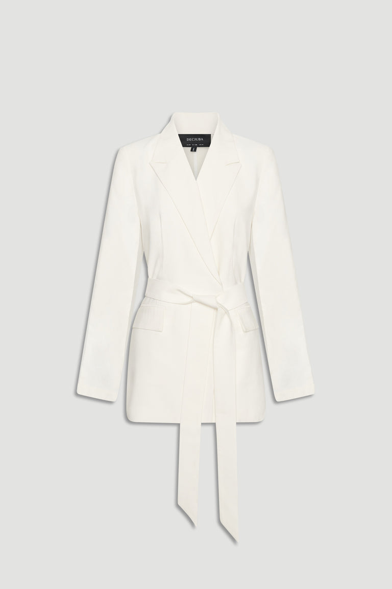 Ivory blazer with a tailored fit and long fabric belt, featuring a classic collar and flap pockets for a polished look