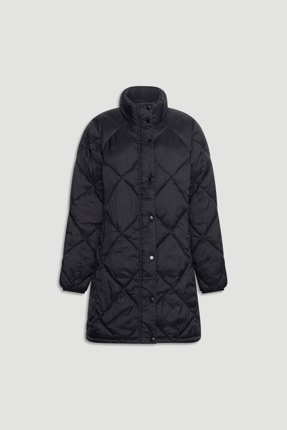 Black longline puffer jacket featuring diamond quilting and a high collar for added warmth and style