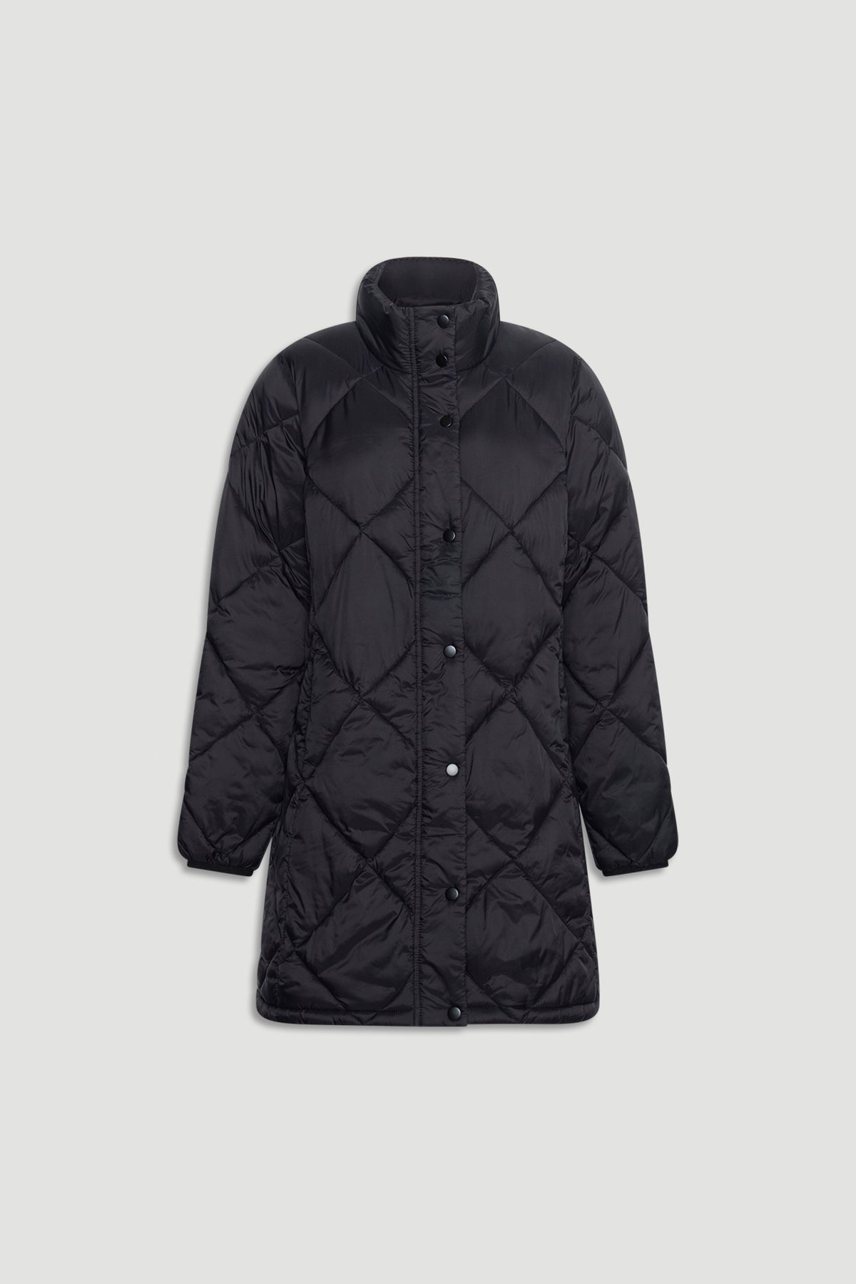 Black longline puffer jacket featuring diamond quilting and a high collar for added warmth and style