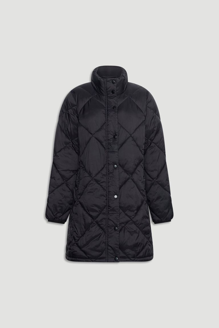 Black longline puffer jacket featuring diamond quilting and a high collar for added warmth and style