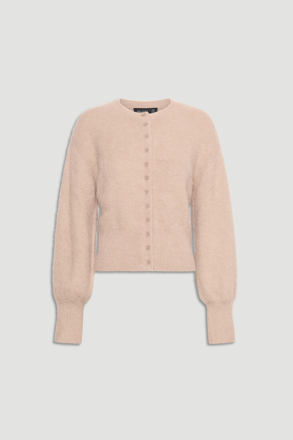 A soft blush pink Ariel Button Through Cardigan with long puff sleeves and ribbed cuffs by DECJUBA.