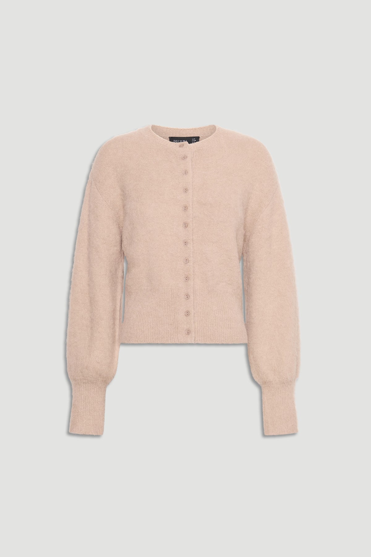 A soft blush pink Ariel Button Through Cardigan with long puff sleeves and ribbed cuffs by DECJUBA.
