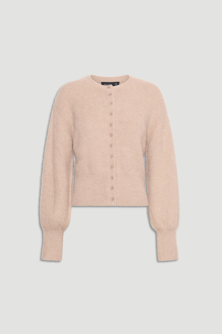 A soft blush pink Ariel Button Through Cardigan with long puff sleeves and ribbed cuffs by DECJUBA.