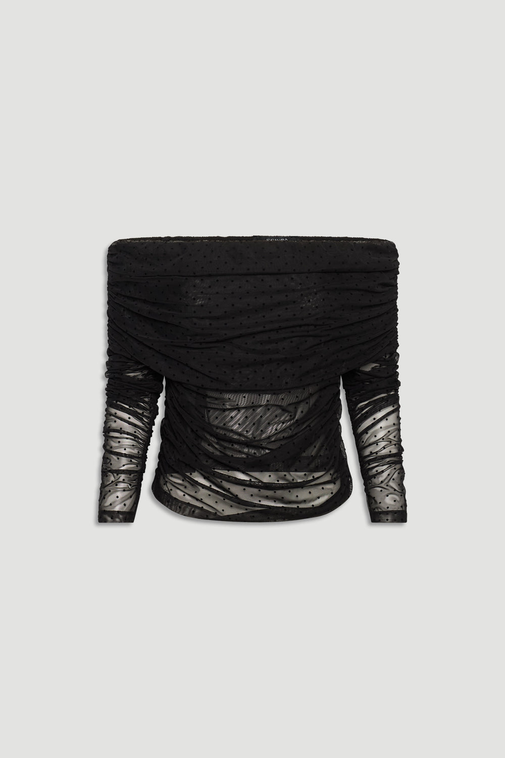 Black off-shoulder mesh top with ruched detailing and subtle polka dot texture for an elegant, modern look.