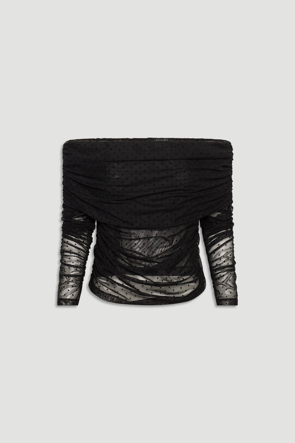 Black off-shoulder mesh top with ruched detailing and subtle polka dot texture for an elegant, modern look.