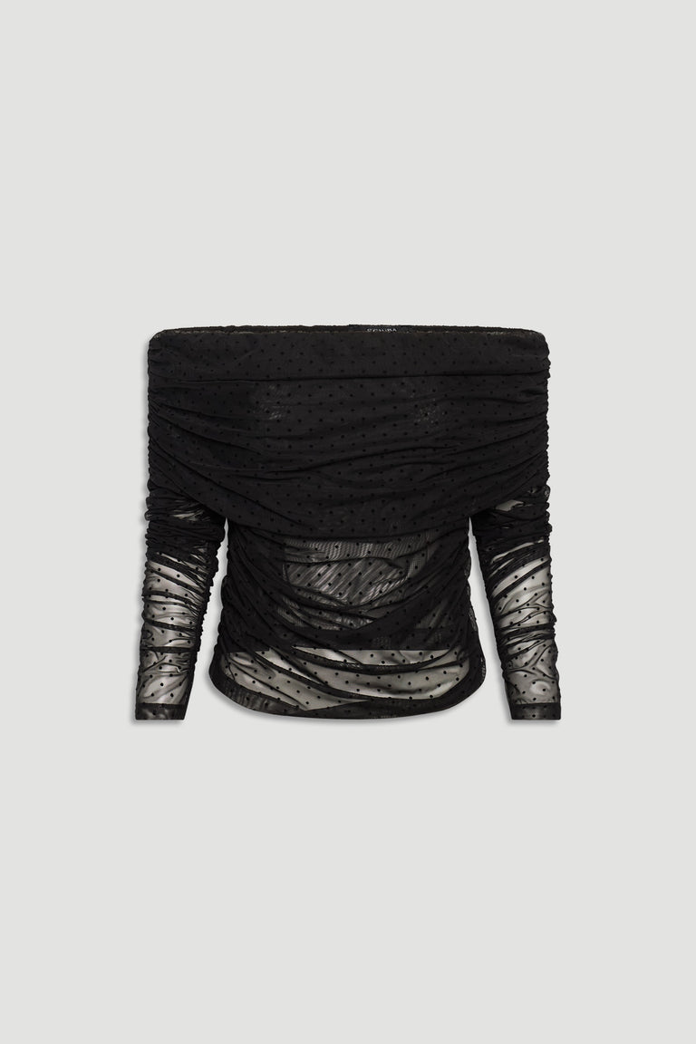 Black off-shoulder mesh top with ruched detailing and subtle polka dot texture for an elegant, modern look.