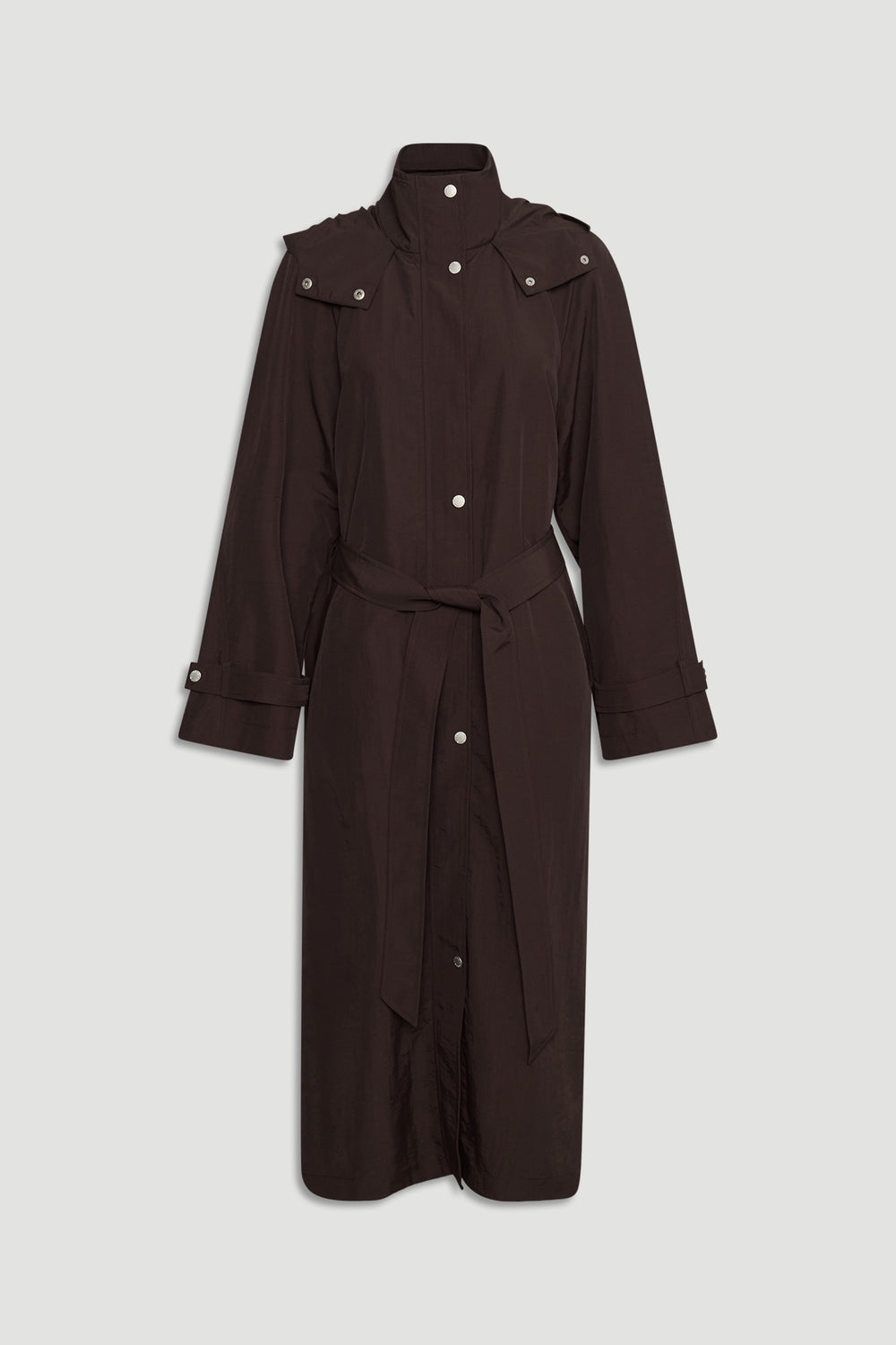 D-Luxe Anorak in rich cocoa brown with a belted waist, high collar, and snap button details for effortless style.