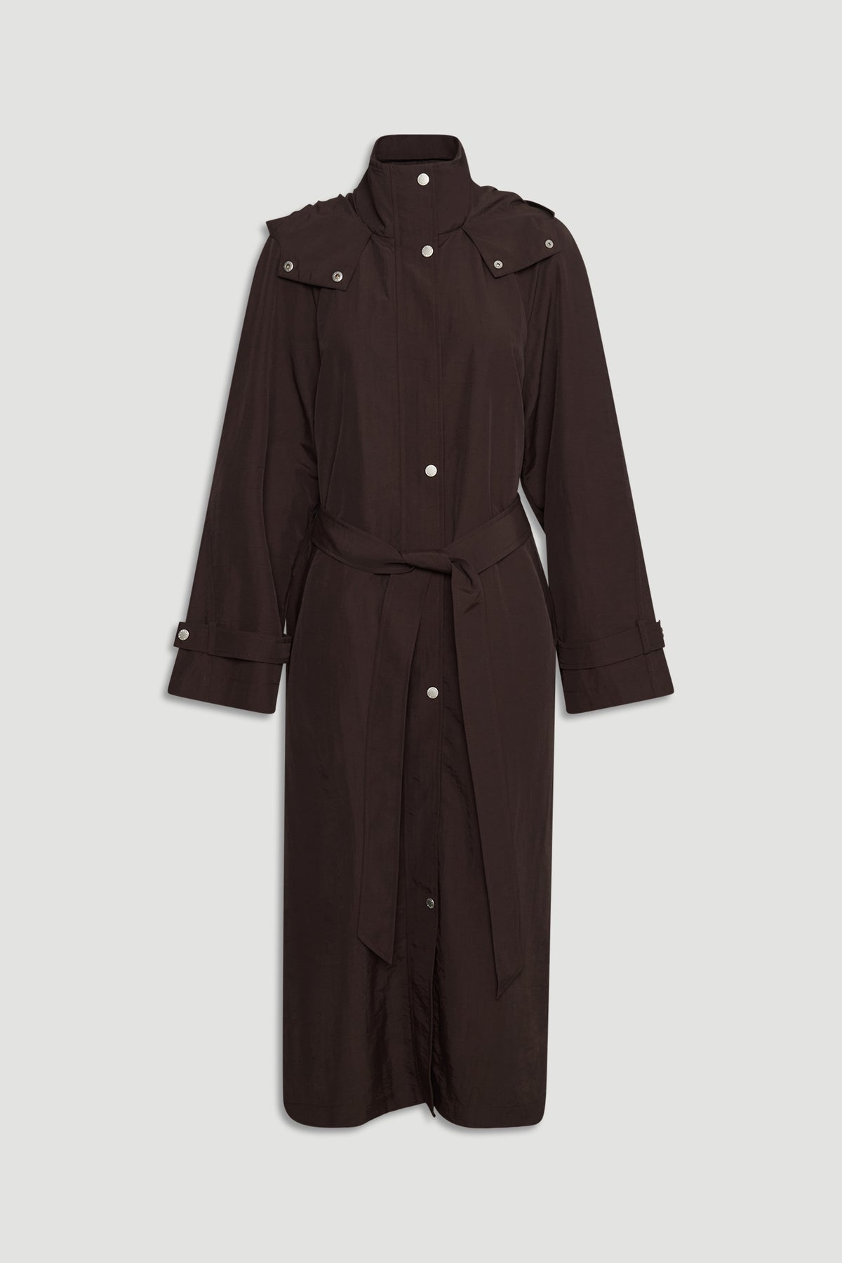 D-Luxe Anorak in rich cocoa brown with a belted waist, high collar, and snap button details for effortless style.